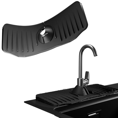 Black Kitchen Sink Splash Guard Behind Faucet. Food-Grade Silicone Kitchen Faucet Splash Guard for Bathroom, RV. Durable Faucet Absorbent Mat for Kitchen Sink with Flexible Petals, Grooves