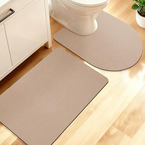 ACCUMTEK Non Slip Bath Mat, Thin Bathroom Rugs Fit Under Door, Quick Dry Bath Mats, Machine Washable Bath Rugs for Bathroom, Bathtub & Kitchen, Bathtub, Taupe/Solid/2 Piece - color: Taupe, size: 24"x17"+ 24"x20" Contour Rug