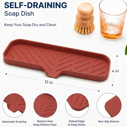 MicoYang Silicone Soap Dish with Drain Spout — Self-Draining Double Sink Organizer Tray for Kitchen & Bathroom, Dispensers, Sponges & Soap Holder, Non-Slip & Dishwasher Safe, Red (Large, 12"×4") - color: Red, size: L(12"×4")