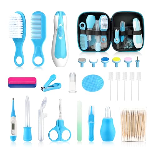 Baby Healthcare and Grooming Kit, Electric Safety Nail Trimmer Baby Nursery Set Newborn Nursery Health Care Set with Hair Brush Comb for Infant Toddlers Boys Girls Kids - style: Blue 32 in 1