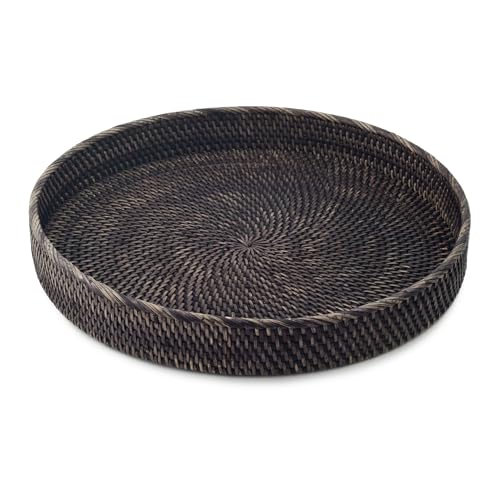 Round Rattan Tray 13.5" — Hand-Woven Wicker Tray for Home Decor (Blackwash) - color: Blackwash, size: 13.5"