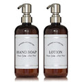 Amber Refillable Hand Soap and Lotion Dispenser Set for Bathroom Sink - PET Plastic Pump Bottles with Labels for Soap and Lotion - Waterproof Labels - 16 oz, 2 Pack (Stainless Steel) - color: Stainless Steel Pumps
