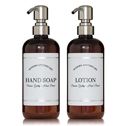 Amber Refillable Hand Soap and Lotion Dispenser Set for Bathroom Sink - PET Plastic Pump Bottles with Labels for Soap and Lotion - Waterproof Labels - 16 oz, 2 Pack (Stainless Steel) - color: Stainless Steel Pumps