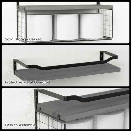WOPITUES Floating Shelves with Wire Storage Basket, Bathroom Shelves Over Toilet with Protective Metal Guardrail, Wood Wall Shelves for Bathroom Organizers and Storage, Toilet Paper- Gray - color: Modern Grey