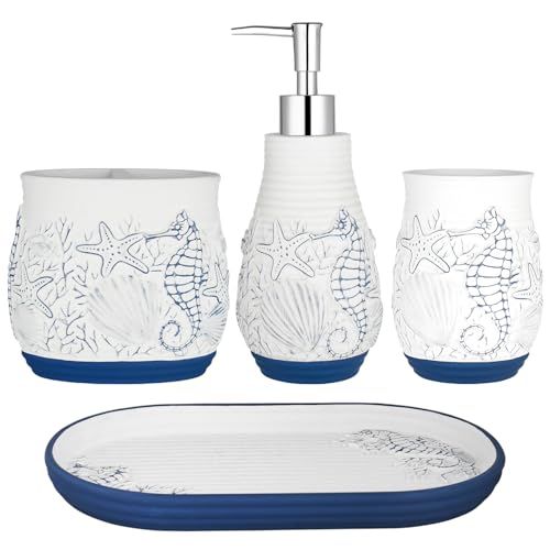 Beach Theme Bathroom Accessory Sets 4PCS Bathroom Accessories Set Complete Embossed Seashell Starfish Design Includes Lotion Dispenser Toothbrush Holder Tumbler Cup & Vanity Tray - color: White With Blue, size: Tray