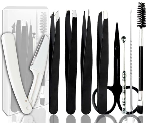Tweezers for Women Facial Hair Eyebrow Kit Tweezer Set Black | Removal Tweezers Professional [9+1 PCS] Professional Stainless Steel Women &Men,Black Beauty Sets - color: Black
