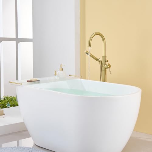 Wowkk Free Standing Tub Faucet Brushed Gold Freestanding Bathtub Faucet Floor Mount Brass Bathroom Tub Filler with Hand Shower - color: Brushed Gold, style: Modern