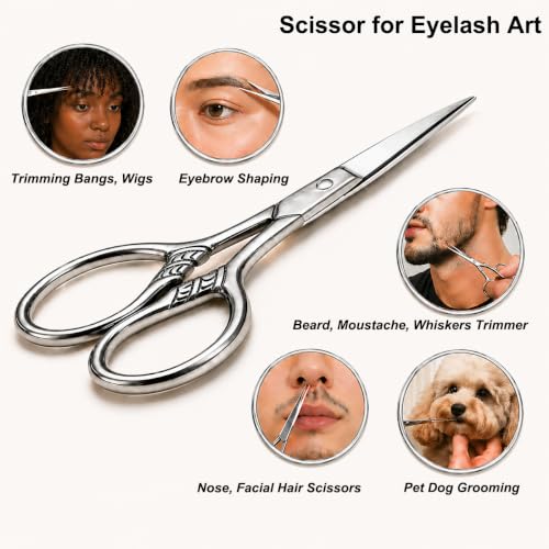 Small Precision Scissors, 3.5in Beauty Grooming Kit | Stainless Steel, Multi-Purpose Travel Tools for Facial Hair, Eyebrow, Eyelash, Beard, Moustache Trimming, with PU Sheath - color: Stainless Steel Color