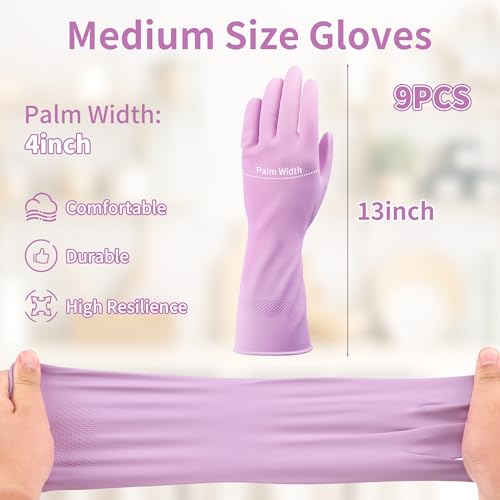 Dishwashing Gloves, 9 Pairs Reusable Medium Kitchen Gloves, Wear-Resistant Natural Latex with Non-Slip Palm, Flocked Liners for Better Grip, Soft Comfort for Garden, Toilets