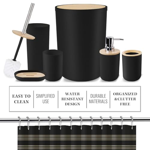 Bathroom Accessories Set - 19 PCS Black Bathroom Set with Shower Curtain, Trash Can, Toilet Brush Holder Toothbrush Holder & Dispenser - Modern Bamboo Plastic Complete Bath Decor for Apartment - color: Black1