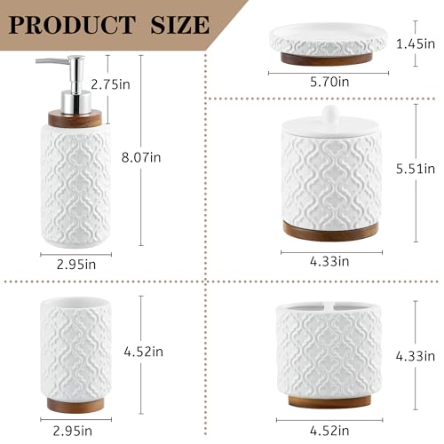 RQYIXI Elegant 5 PCS Ceramic&Wood Bathroom Accessories Set:Soap Dispenser,Toothbrush Holder,Tumbler,Soap Dish,Cotton Swab Jar,Easy to Clean,Quatrefoil Pattern,White-Affordable Home Luxury - color: White Set-5pcs