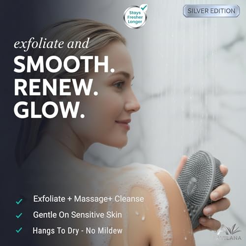 Avilana Silicone Body Scrubber for Shower – SGS Certified Food Grade Dual Sided Bath Brush, Gentle Exfoliating Silicone Loofah Alternative, Sensitive Skin Body Brush (Blue-Silver, Exfoliate) - color: Blue-silver, size: Exfoliate