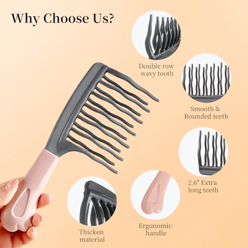 Wide Tooth Comb for Curls, Detangling Comb with Double Row Wavy Tooth for Curly/Wavy/Thick/Long/Wet & Dry Hair, Detangler Hair Brush Large Tooth Shower Hair Comb for Women Girl Men - color: Grey