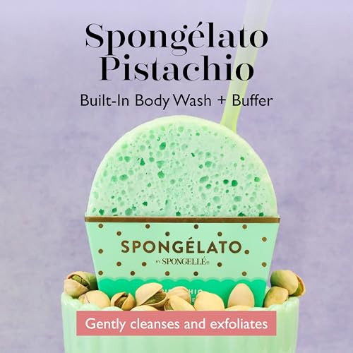 SPONGELLÉ Spongelato Loofah Exfoliating Body Scrubber by Spongelle | Infused with Body Wash | Bath & Shower Loofah for Women | 14+ uses | Pistachio Gelato Inspired, Green