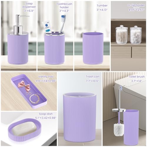 Purple Bathroom Accessories Set, 10PC Bathroom Set, Bath Accessory with Pop Up Trash Can, Soap Dispenser, Toilet Brush, Toothbrush Set Qtip Holders & Tray - color: Purple & Silver, size: 10-Piece Set (Accessories Only)
