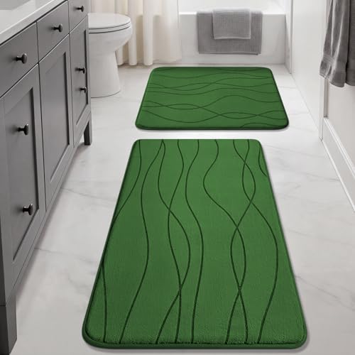 YIHOUSE Bathroom Rugs Set 2 Piece, Memory Foam Bath Mat Green | 17x24& 20x32, Ultra Soft, Absorbent, Non-Slip, Machine Washable, for Bathroom, Sink and Toilet - color: Grass Green, size: 2'8" x 1'8" (Rectangular)