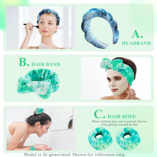 Skincare Headband and Wristband Set, Tie-dye | Soft absorbent fabric, snug head-hugging fit for face washing, skincare, makeup, masks, travel, women and teen girls - color: Tie-dye green