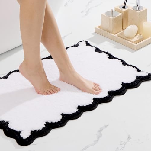 ORTIGIA Small Cute Scalloped Bath Mat, White and Black Plush Microfiber Scallop Bathroom Rugs Non Slip Washable Quick Dry Absorbent, Bathmat for Shower Stall Vanities Kitchen Floor Entrance, 17x24 - color: Black and White, size: 1'5" X 2'(rectangular)