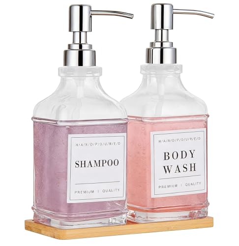 Glass Soap Dispenser with Pump,Tray,Funnel, Countertop Soap and Lotion Dispenser Set of 2 with 60 Stickers, Dish and Hand Soap Dispenser Bottle for Kitchen,Bathroom,Shower, 500ml/16.9oz - color: Blk-5070-2s