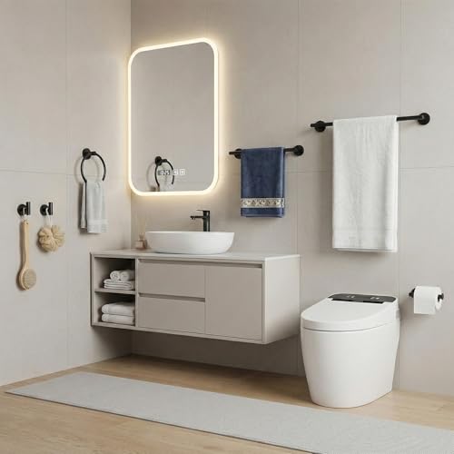 Matte Black Bathroom Hardware Set 6-Piece, SUS304 Stainless Steel Bath Accessories Kit, Includes 24" & 16" Towel Bars, Toilet Paper Holder, Towel Ring, 2 Robe Hooks, Wall Mounted Round Style