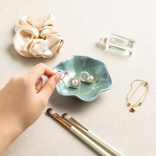 Ceramic Lotus Leaf Trinket Dish, Ring Holder for Jewelry | Keeps earrings, necklaces, keys, and keepsakes handy on vanities or nightstands, a sweet gift for moms, sisters, and friends - color: green