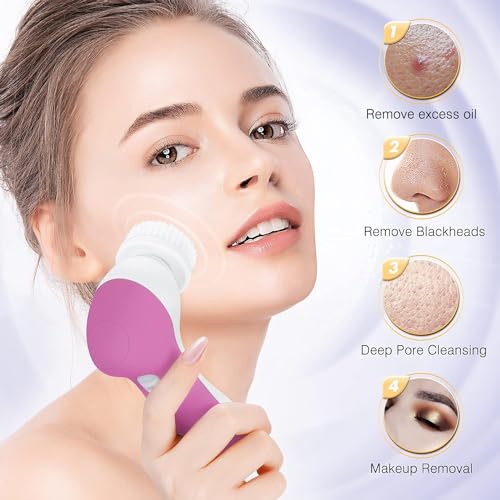 COSLUS Facial Cleansing Brush Silicone Face Scrubber: 2 in1 FBS-D Electric Exfoliating Device Waterproof Deep Cleaning Exfoliation Rotating Spa Machine - Electronic Skincare Wash Spinning System - color: Bright Rose, size: With 2 brush heads