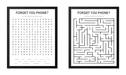 Poster Master 2-Piece Forget Your Phone Print - The Great Bathroom Word & Way Search Poster - Guest Bath Decor - Black & White Design - Powder Room Decor - Fun Restroom Sign - 11x14 UNFRAMED Wall Art - color: Style-02, size: 11"L x 14"W