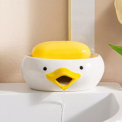 Soap Holder Ceramic Soap Dish with Drain Perforations, Cute Duck Styling Bar Soap Holder for Shower, Easy Cleaning Soap Saver Tray Decoration for Bathroom, Sinks, Kitchen (Duck.1)