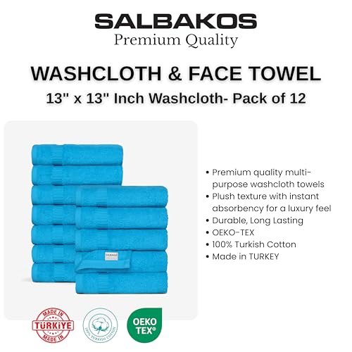 SALBAKOS 100% Turkish Cotton Washcloth Set of 12, 13x13 inch | Premium Quality | Hotel & Spa Collection | Ultra Soft, Super Absorbent, Wash Cloth Towels | Made in Turkey (Aqua, 12 Washcloths) - color: Aqua, size: 12 Washcloths