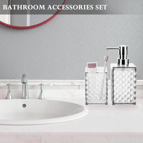 Bathroom Accessories Set 2 PCS, White Bathroom Accessories Include Soap Dispenser and Toothbrush Holder, Diamond Pattern Bathroom Set for Boho Bathroom Decor - color: White