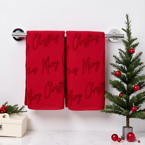2 Pack Merry Christmas Hand Towels 100% Cotton Jacquard Holiday Kitchen Dish Towels Retro Neutral Red Bathroom Towels Set Gift Seasonal Xmas Winter Bathroom Decor (Red Merry Christmas) - color: Red Merry Christmas