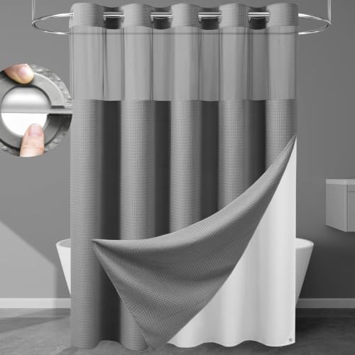 EUTXL Heavyweight Long No Hook Shower Curtain with Snap in Liner,256GSM Waffle Weave Shower Curtains for Bathroom,71W x 80H(78"),Grey - color: Grey, size: 71"W x 80"L (Pack of 1)