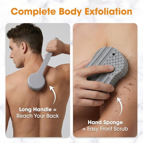Back Scrubber for Shower Women Men, 2-Piece Exfoliating Bath Brush Set with Long Handle – Body Scrubber for Back, Dead Skin Remover