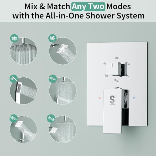 Shower Faucet Set Shower System - SR SUN RISE Polished Chrome Shower Trim Kit with Dual Shower Head, 12'' Ceiling Rainfall 6'' Wall Mount with Handheld Shower for Couples, Complete 6 Diverter Valve - color: Chrome, size: 12 Inch