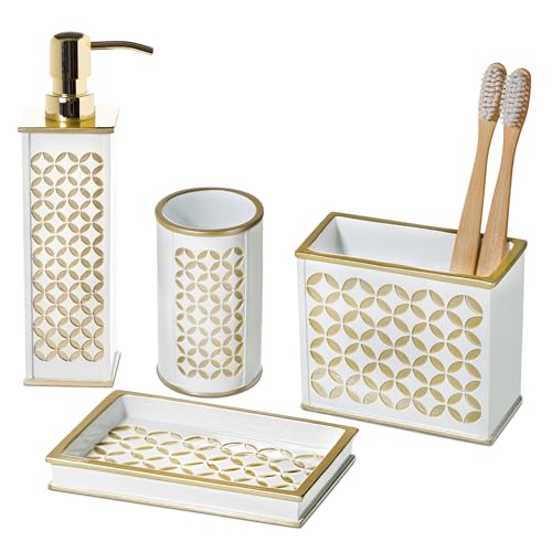 Creative Scents Diamond Lattice White & Gold 4 Piece Bathroom Accessories Set