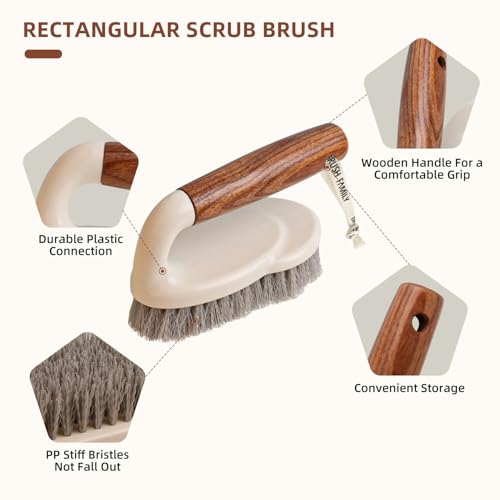 4-Pack Heavy Duty Scrub Brushes Set with Wooden Handles, Triangle & Square Floor Scrubber, Dish Brush, Grout Cleaner for Kitchen, Bathroom, Tile, Carpet & Stubborn Stains Removal