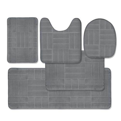 5 Piece Bathroom Rugs Set - Soft Non Slip Memory Foam Large Mats - Perfect Combination of Luxury and Comfort (Gray/Line, 5 Piece Set) - color: Gray /Line