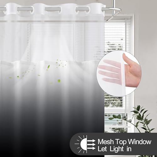 Extra Long No Hook Shower Curtain with Snap in Liner, Ombre Black White Shower Curtains and Liner Set, Hotel Fabric Bath Curtain for Bathroom, Mesh Top Window Waterproof Washable, 71" x 84" - color: Ombre Black, size: 71"W x 84"L (Pack of 1)