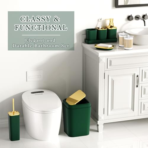 XLHOMO Bathroom Accessories Set - 25PC Bathroom Set with Shower Curtain and Rugs, Green Bathroom Set, Bathroom Accessory Set with Press-on Lid Trash Can, Soap Dispenser and Qtip Holders - color: Green & Gold, size: Plaid Complete Set + Bath Rugs