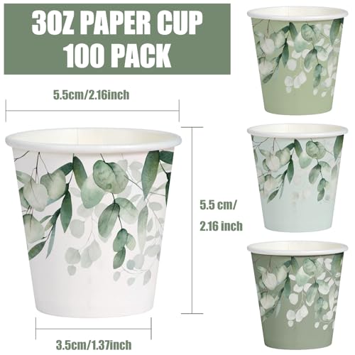 WRAPAHOLIC 3oz Eucalyptus Leaves Paper Cups - 100 Pack Disposable Bathroom Cups with Green Eucalyptus 4 Designs, Small Mouthwash Cup for Toothbrush Rinse, Home Bathroom, Baby Shower and Wedding - color: Green Eucalyptus Leaves