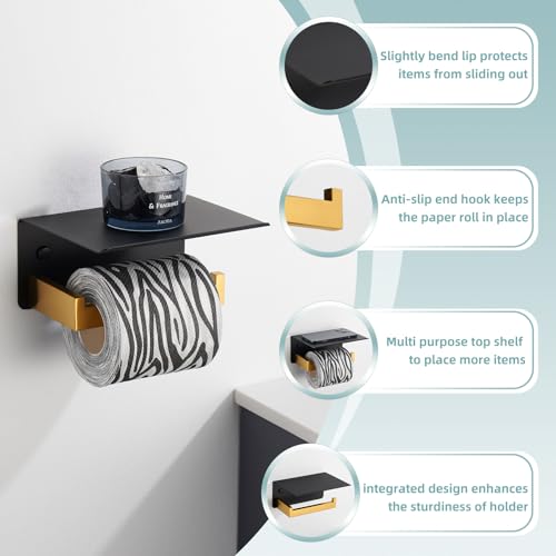 Toilet Paper Holder with Phone Shelf Black & Gold, APLusee 304 Stainless Steel Tissue Roll Dispenser Storage, Bathroom Accessories Wall Mounted - color: Black With Gold, size: Single Rod