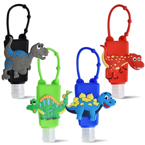 Refillable Travel Bottles Containers, 4 Pack Hand Sanitizer Travel Size Holder with Empty Silicone Clip-Filp Bottles, Leak Proof Portable Bottle for Liquid Soap, Lotion(Dinosaur) - color: dinosaur