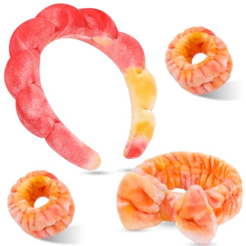 Headband for Washing Face Wristband Set, Tie-dye | Soft absorbent fabric, snug head-hugging fit for face washing, skincare, makeup, masks, travel, women and teen girls - color: Tie-dye orange