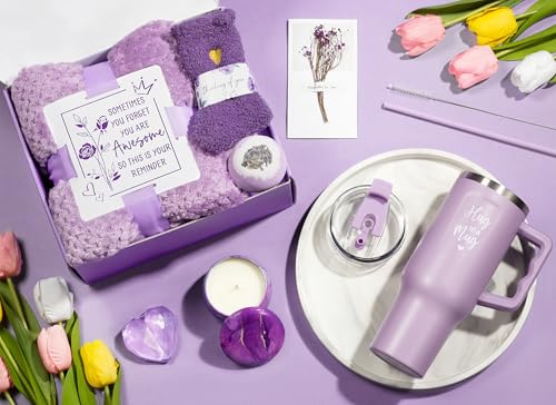 Birthday Gifts for Women Self Care Get Well Soon Gifts, Lavender Relaxing Spa Bath Gift Basket Care Package w/ Flannel Blanket 40 OZ Tumbler, Mother's Day Gift for Mom Her Wife Girlfriend Grandma