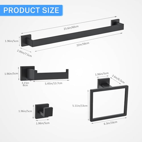 5 Pieces Towel Bar Set Matte Black Bathroom Hardware Accessories Set Include Towel Rack TP Holder Towel Ring Coat Hooks Stainless Steel Wall Mounted Towel Holder Set for Bathroom,23.6 in - color: 5 Pcs Matte Black