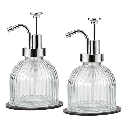 SheeChung 8 Oz Glass Soap Dispenser Bathroom, Clear Liquid Hand Soap Dispenser with Pump, Refillable Dish Soap Dispenser for Kitchen, Cute Modern Stripes Lotion Bottle, Shampoo (Silver Pump, 2 Pack) - color: Clear-silver Pump, 2 Pack