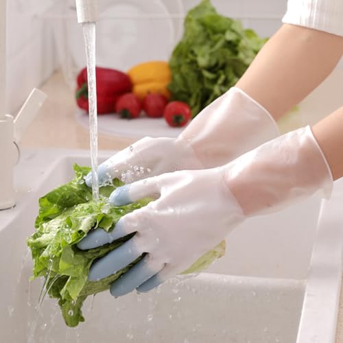 Waterproof Anti-slip Cleaning Gloves 3 Pairs Set, Pastel Pink Green Blue, Size M, Household Kitchen and Bathroom Gloves for Dishwashing and Toilet Cleaning