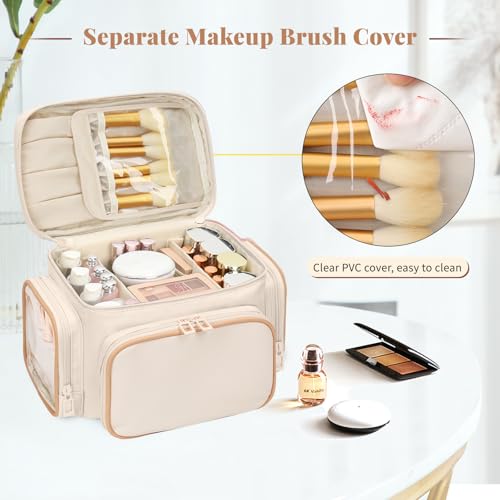 Bagmoly Large Makeup Bag, Portable Travel Makeup Bag Organizer for Women Girls with Makeup Brush Compartment & Two Side Pockets, Cosmetic Travel Bag Vertical Storage Toiletry - White - color: 02-White, size: Medium