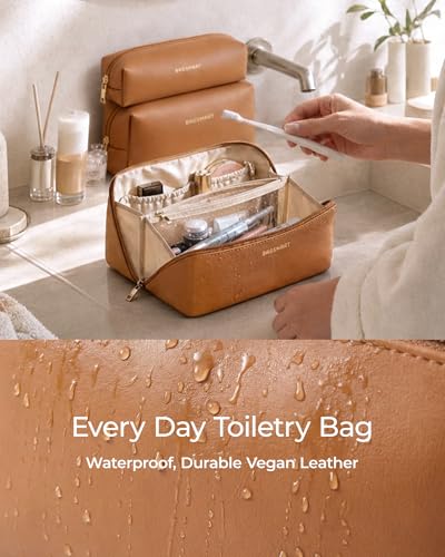 BAGSMART Makeup Bag Travel 3 Pcs Set Cosmetic Bag, Large Make Up Bag Flat Open Toiletry Bag for Women, PU Leather Travel Essentials Organizer Case, Wide-open Pouch for Skincare, Brushes,Classic Brown - color: 31- Classic Brown