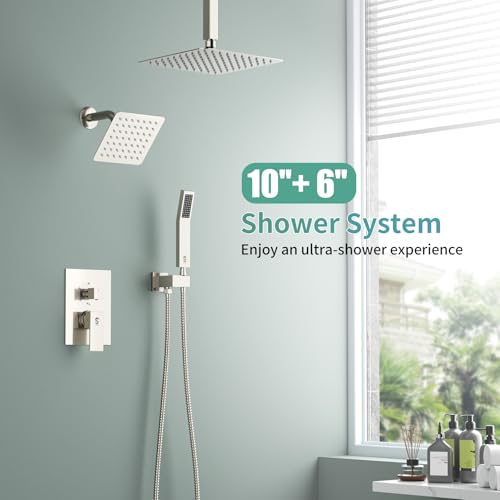 Shower Faucet Set Shower System - SR SUN RISE Brushed Nickel Shower Trim Kit with Dual Shower Head, 10'' Ceiling Rainfall 6'' Wall Mount with Handheld Shower for Couples, Complete 6 Diverter Valve - color: Nickel, size: 10 Inch